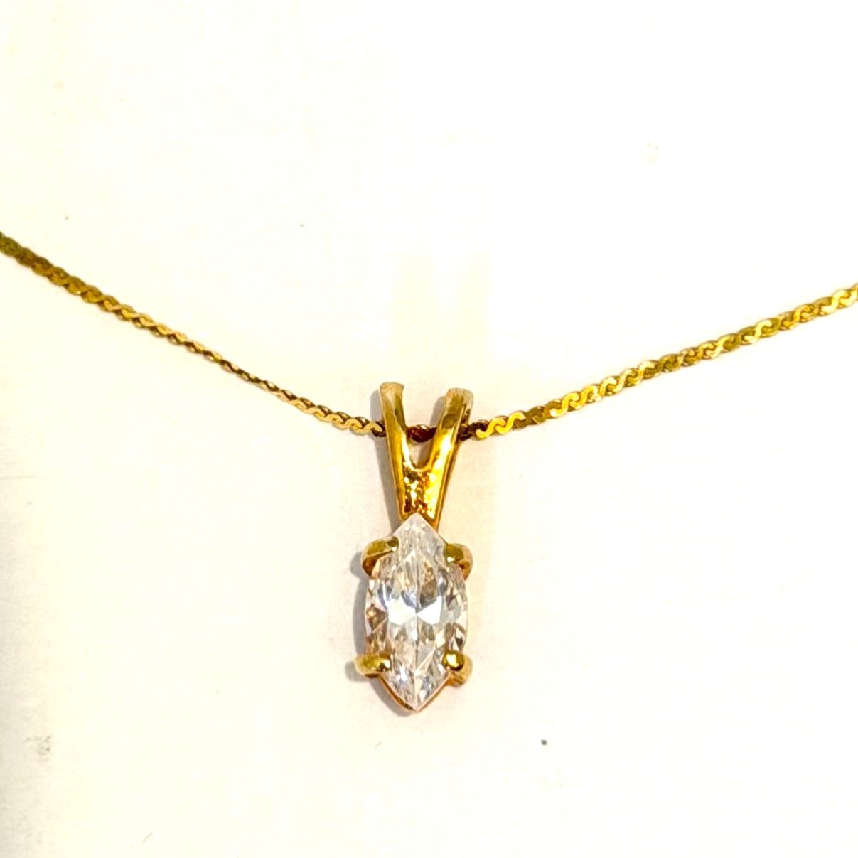 Vintage 14KT Gold Chain Genuine CZ Marquise Pendant Necklace Box Orig CZ Papers!