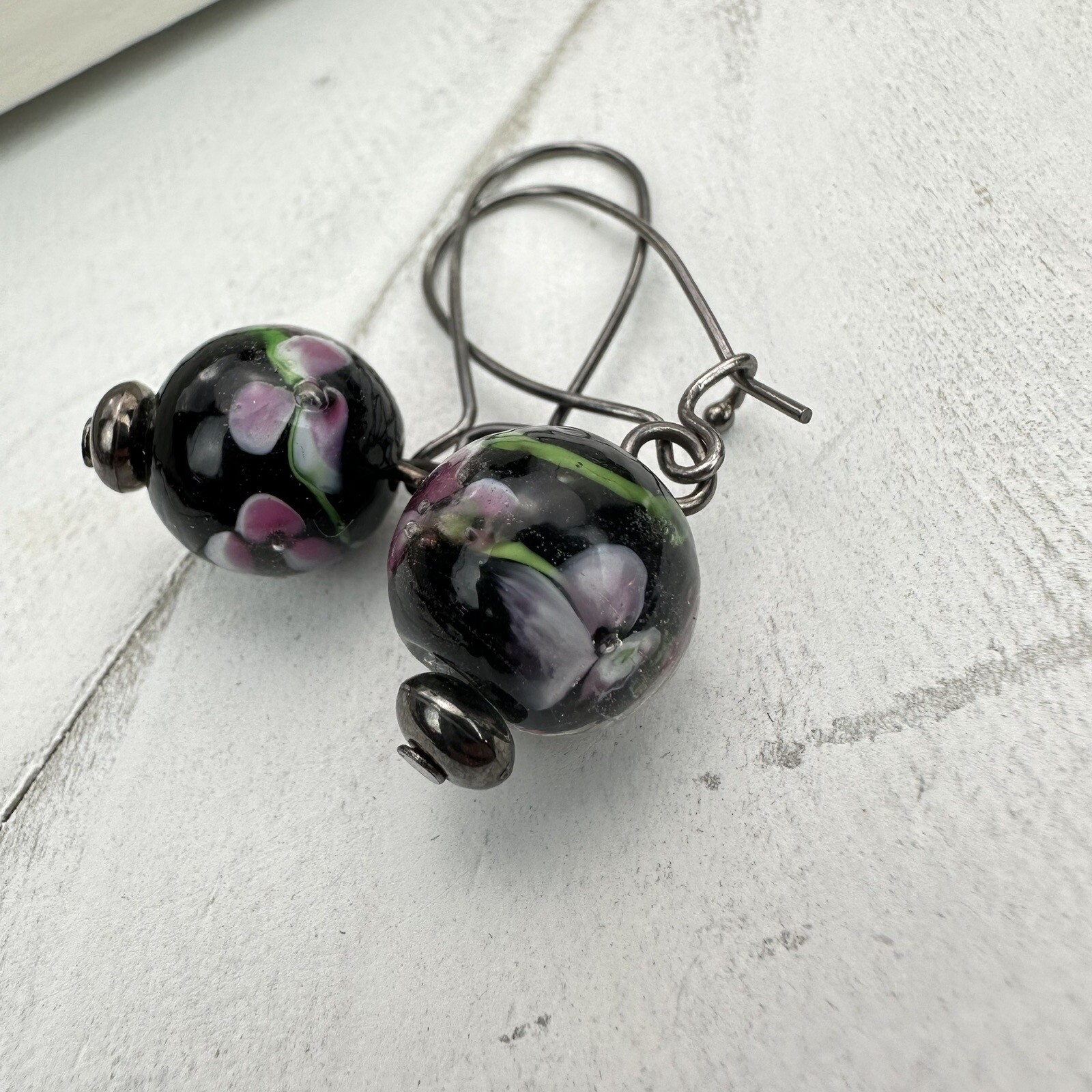 Vintage Venetian Murano Glass Black Flower Ball Dangle Earrings