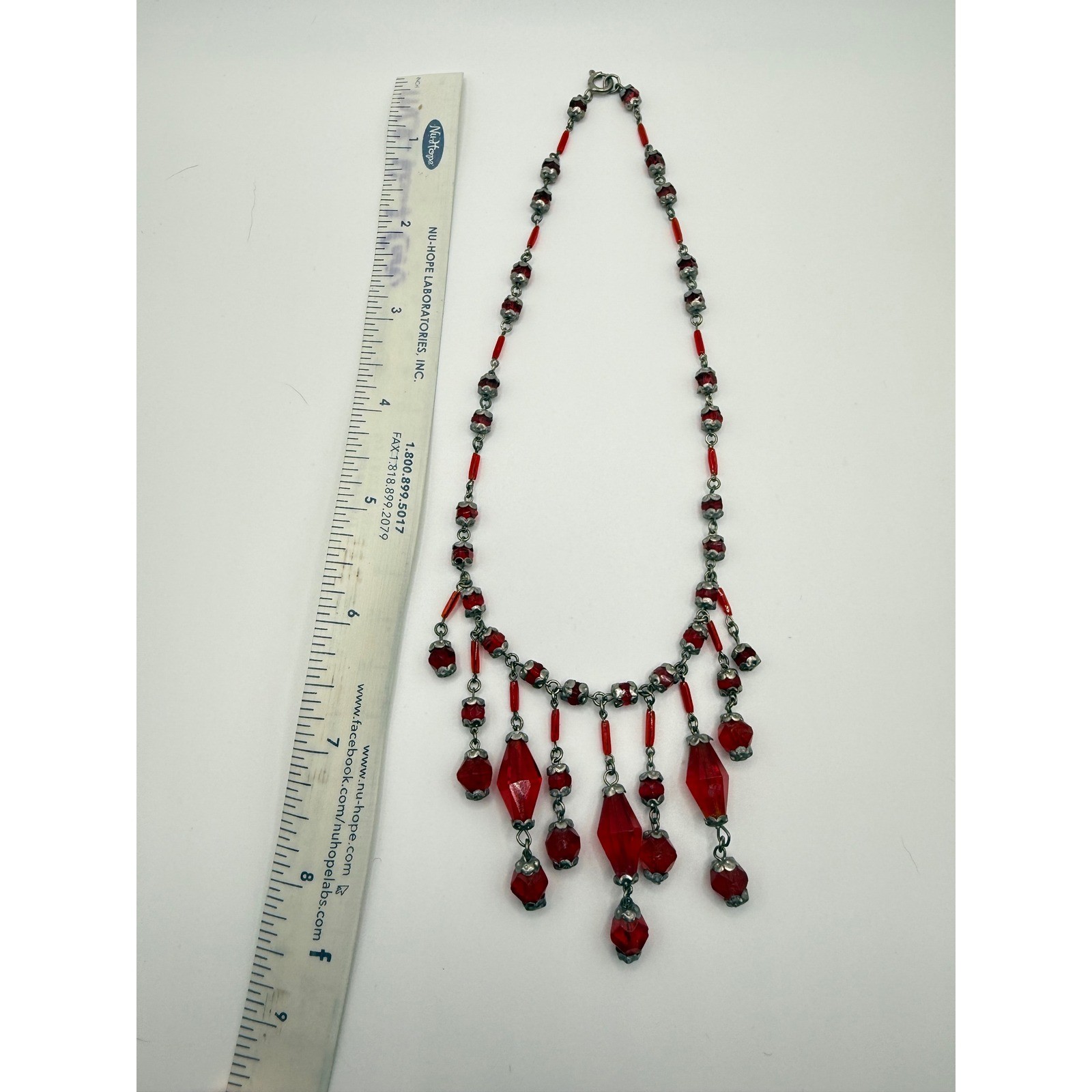 Vintage Red Glass Fringe Bib Necklace Silver Tone Beaded Art Deco