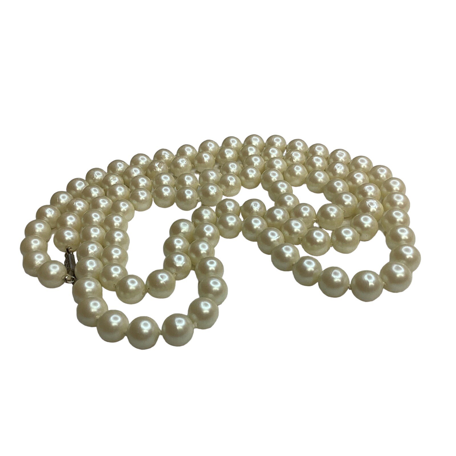 Vtg Classic Hand Knotted Faux 1cm Pearls Long Necklace 50″ Flapper Style