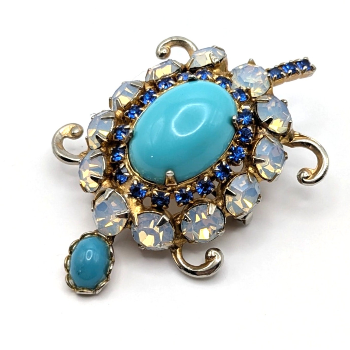 Vintage Rhinestone Blue Cabochon Figural Turtle Sea Life Brooch Pin 2in