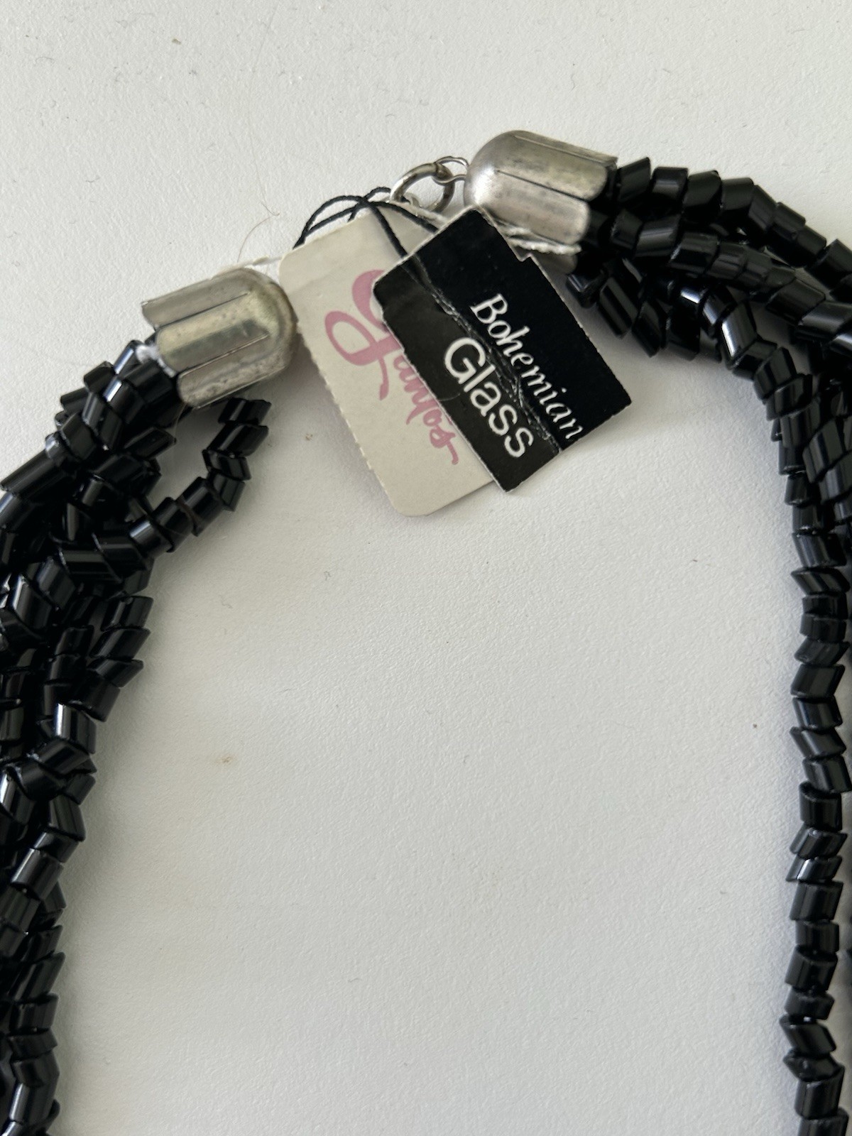 Vintage Black Glass Necklace Multi Five Strand Rhinestone Wrap Gantos Orig Tag