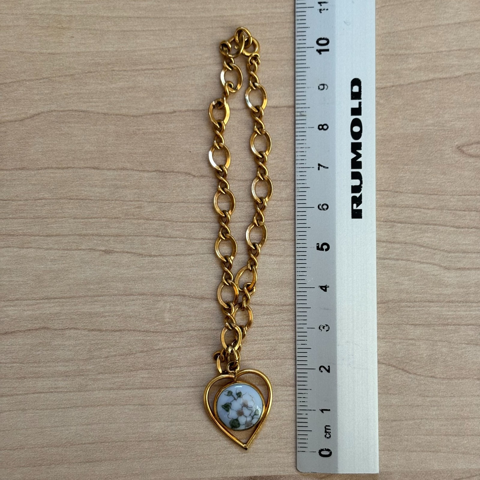 B&G Denmark Porcelain Flower Heart Charm Bracelet Gold Tone Floral
