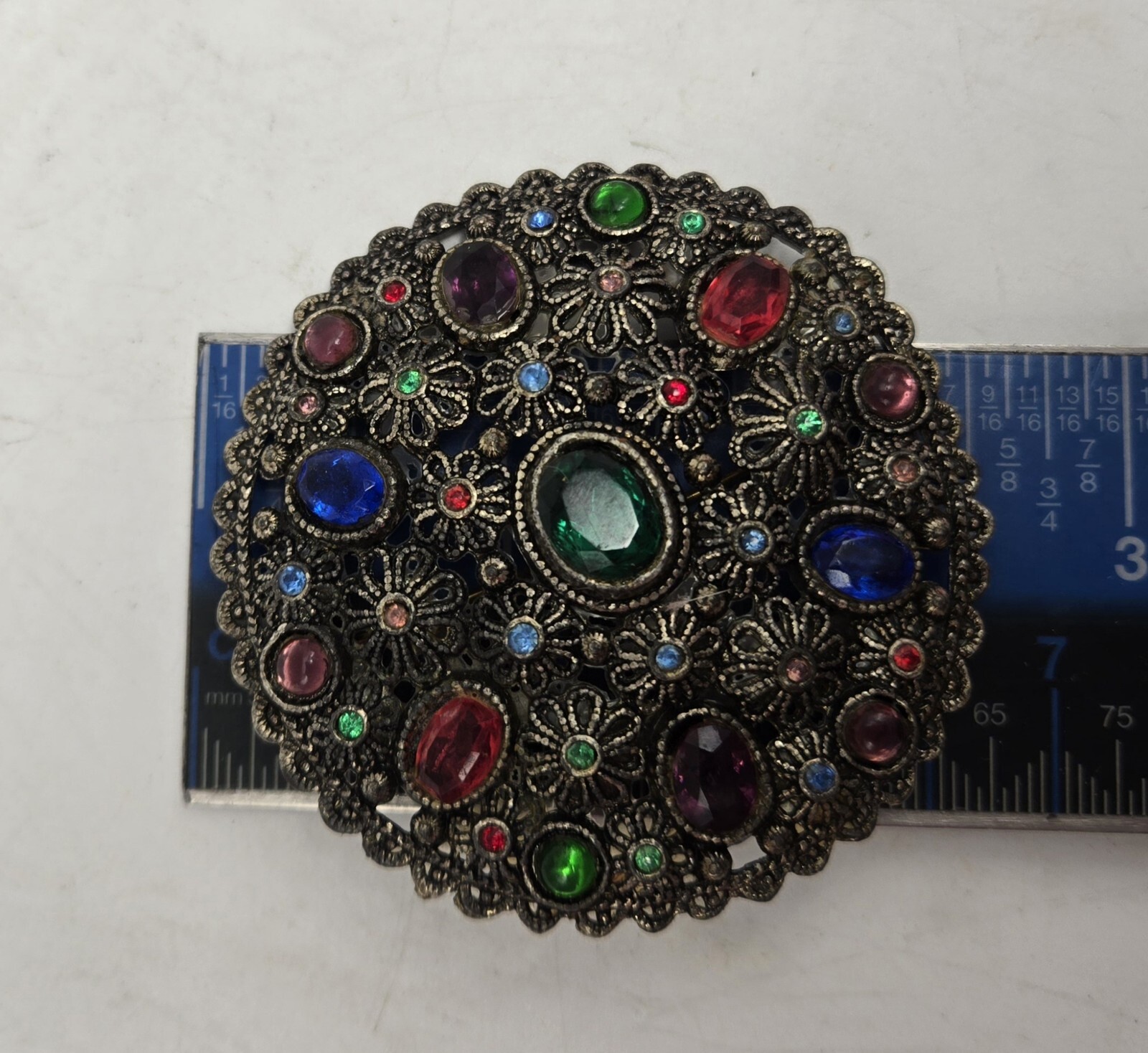 Antique New England Glass Works Rhinestone Brooch Filigree Vtg Signed Goblet