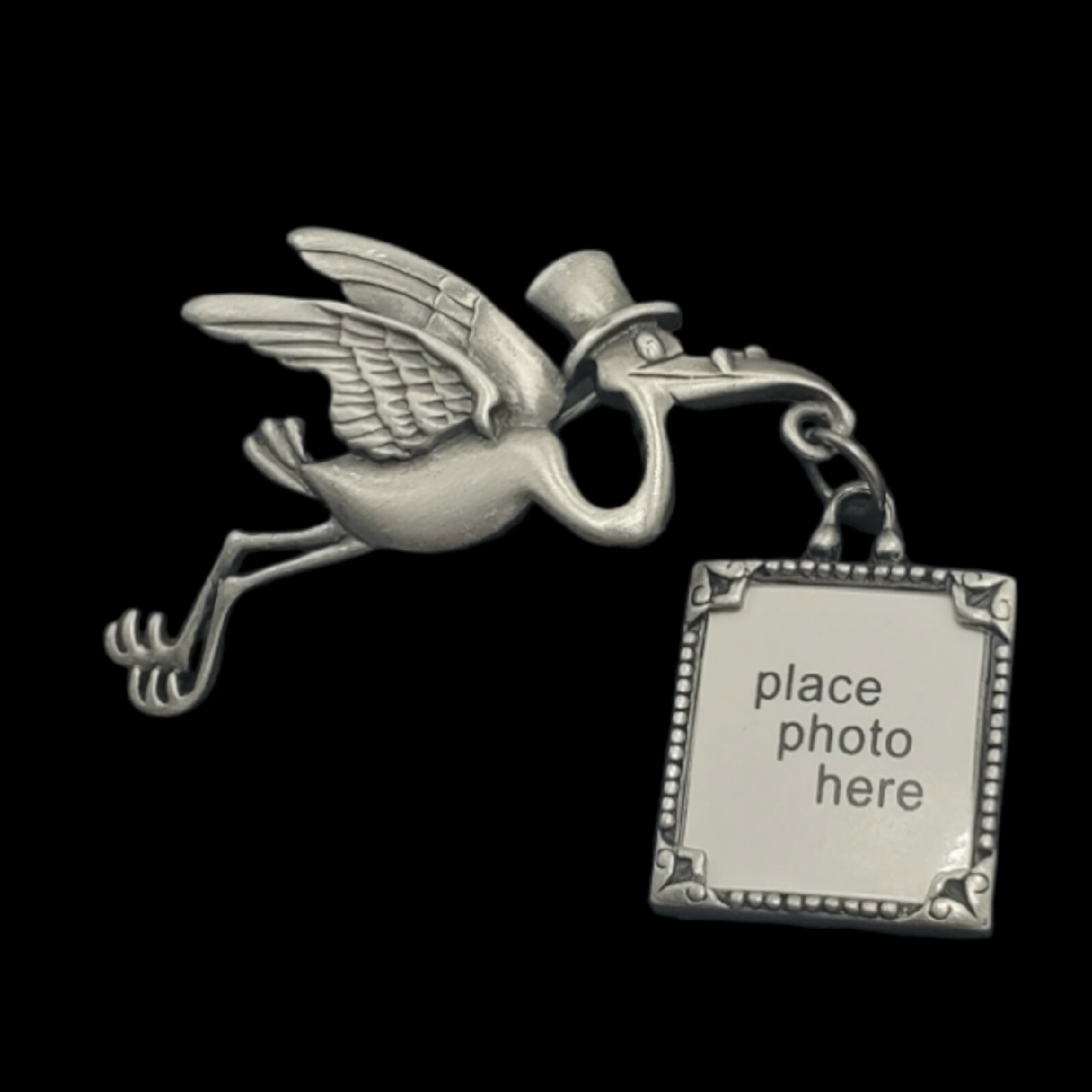 Vintage JJ JONETTE Fantasy Whimsical Flying Stork Bird Photo Frame Pewter Brooch