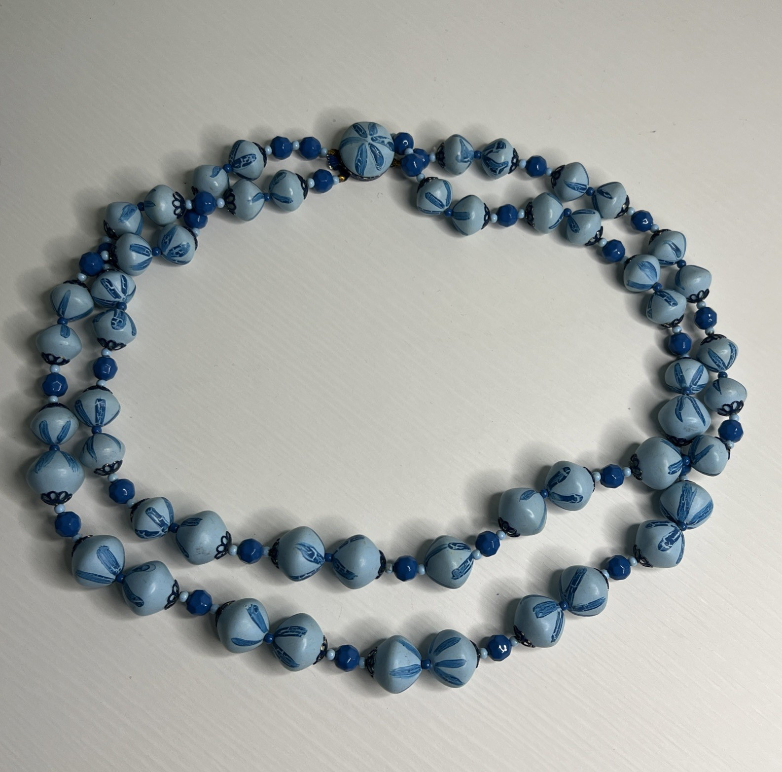 Hong Kong Blue Painted Bead Double Strand Necklace Box Tab Clasp