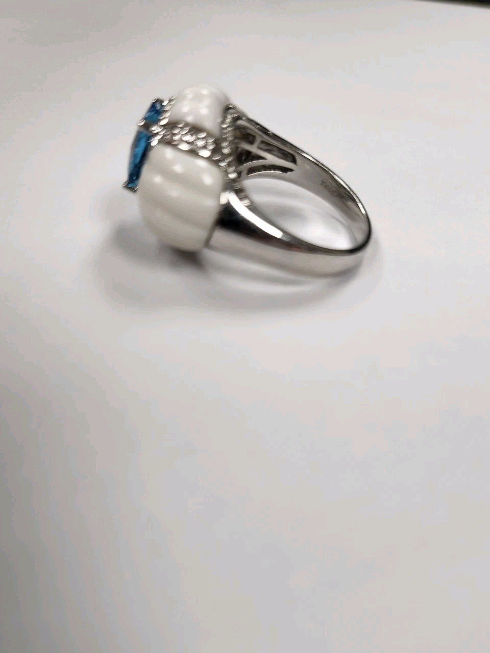Unique Sterling Silver Ring w. Oval Blue Topaz Setting: White Howlite #3393