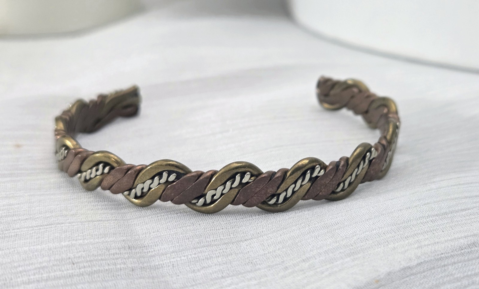 Vintage Cuff Bracelet Braided Brass Silver Copper Artisan Mixed Metals Handmade