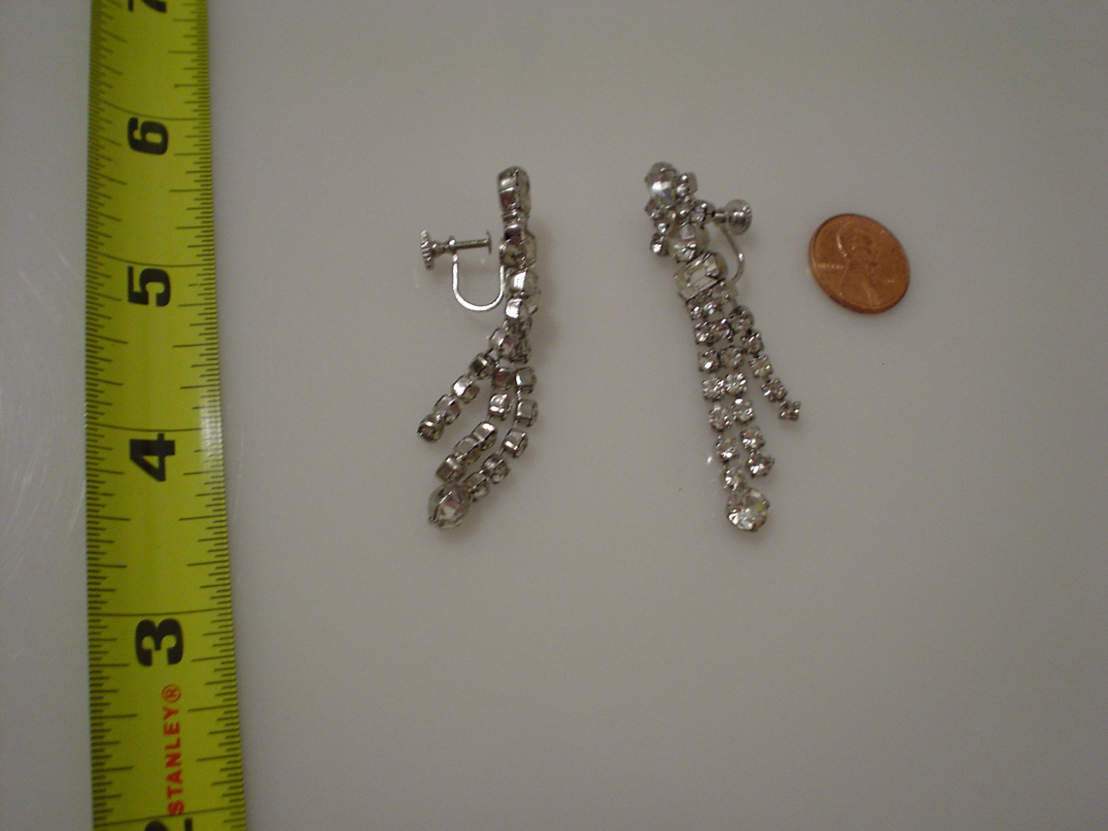 rhinestone screwback 3 strand graduated drop dangle 2 3/8″ flexible earrings