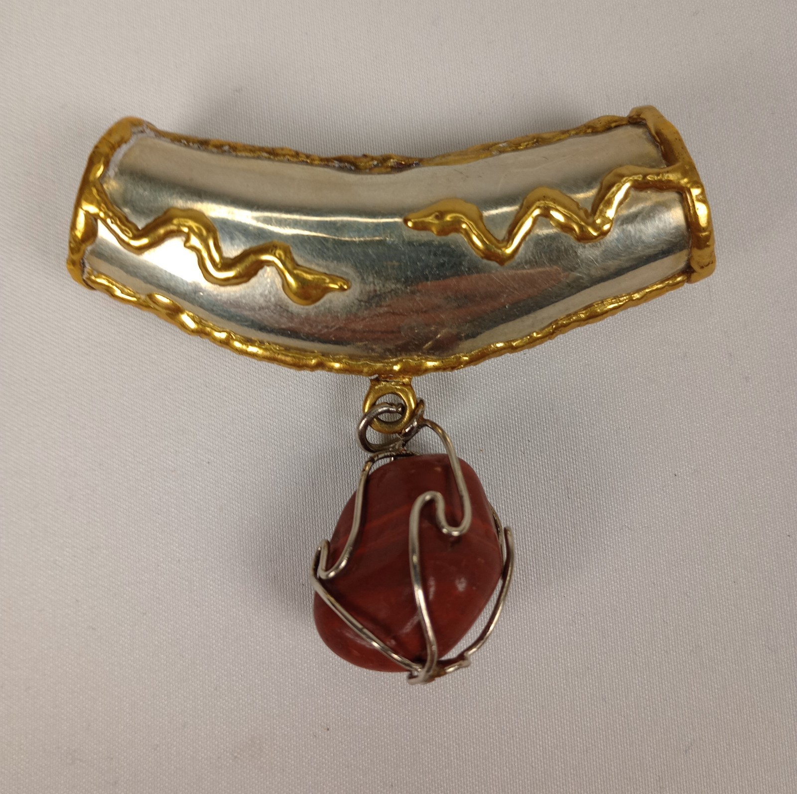 Vintage Modernist Snake Slide Pendant Mixed Metal Red Agate Jasper Artisan