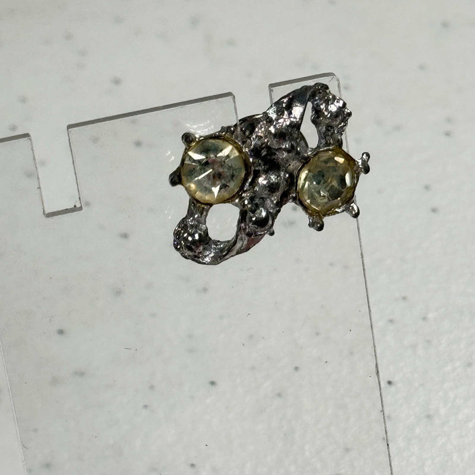 Vintage Brooch Abstract Brutalist Silver Tone Yellow Rhinestone Modernist Pin