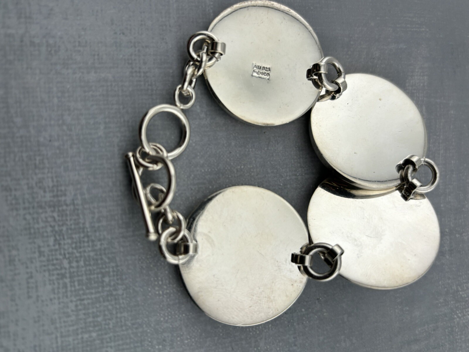 47g ATI Mexico .925 Sterling Silver Station Disc Toggle Bracelet Adjustable 7.75