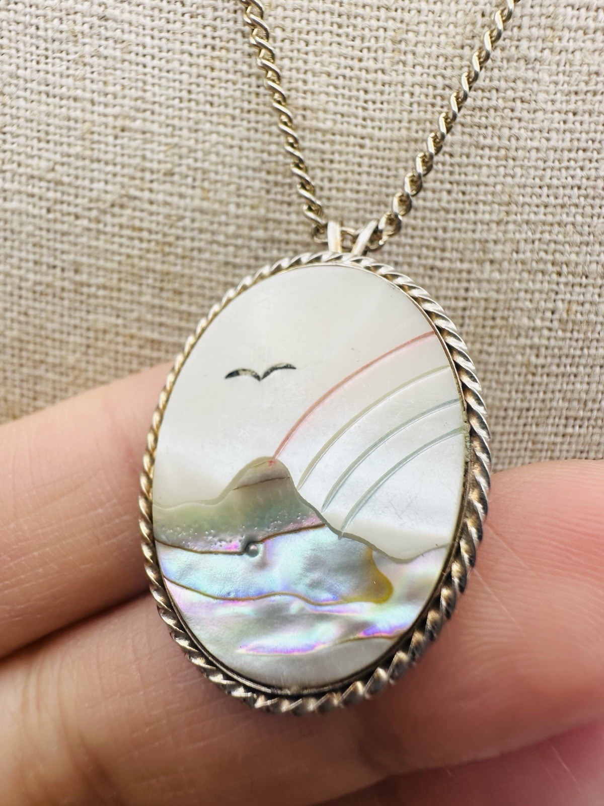 Vintage Mountain Landscape Rainbow Bird Abalone Inlay Pendant Necklace 20”