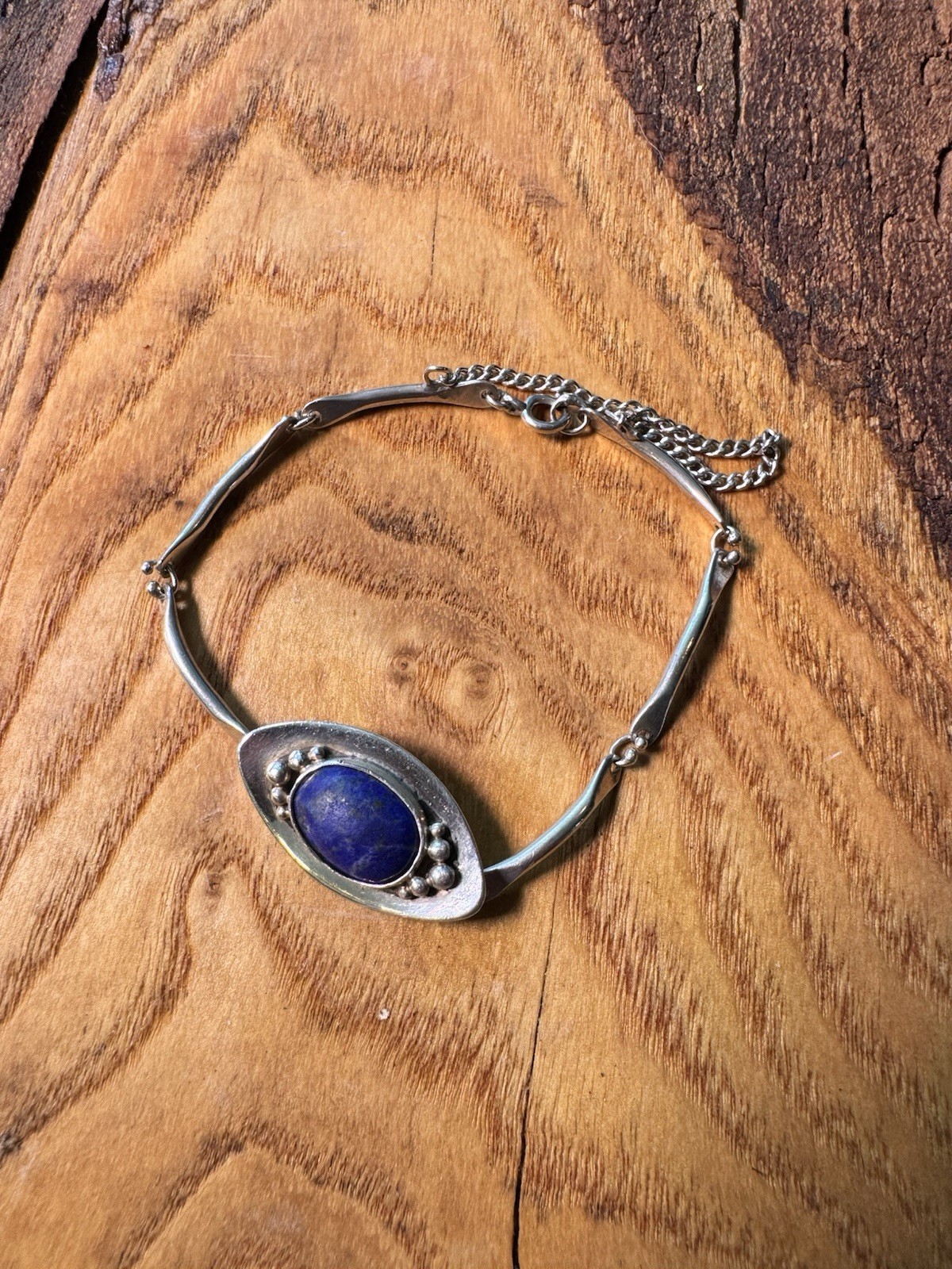 Vintage Sterling Silver Lapis Lazuli Bracelet Modernist Mid Century Safety Chain