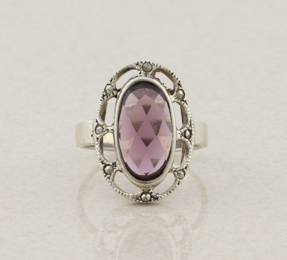 Sterling Silver Cushion Cut Purple Cubic Zirconia and Marcasite Ring Size 8 1/4