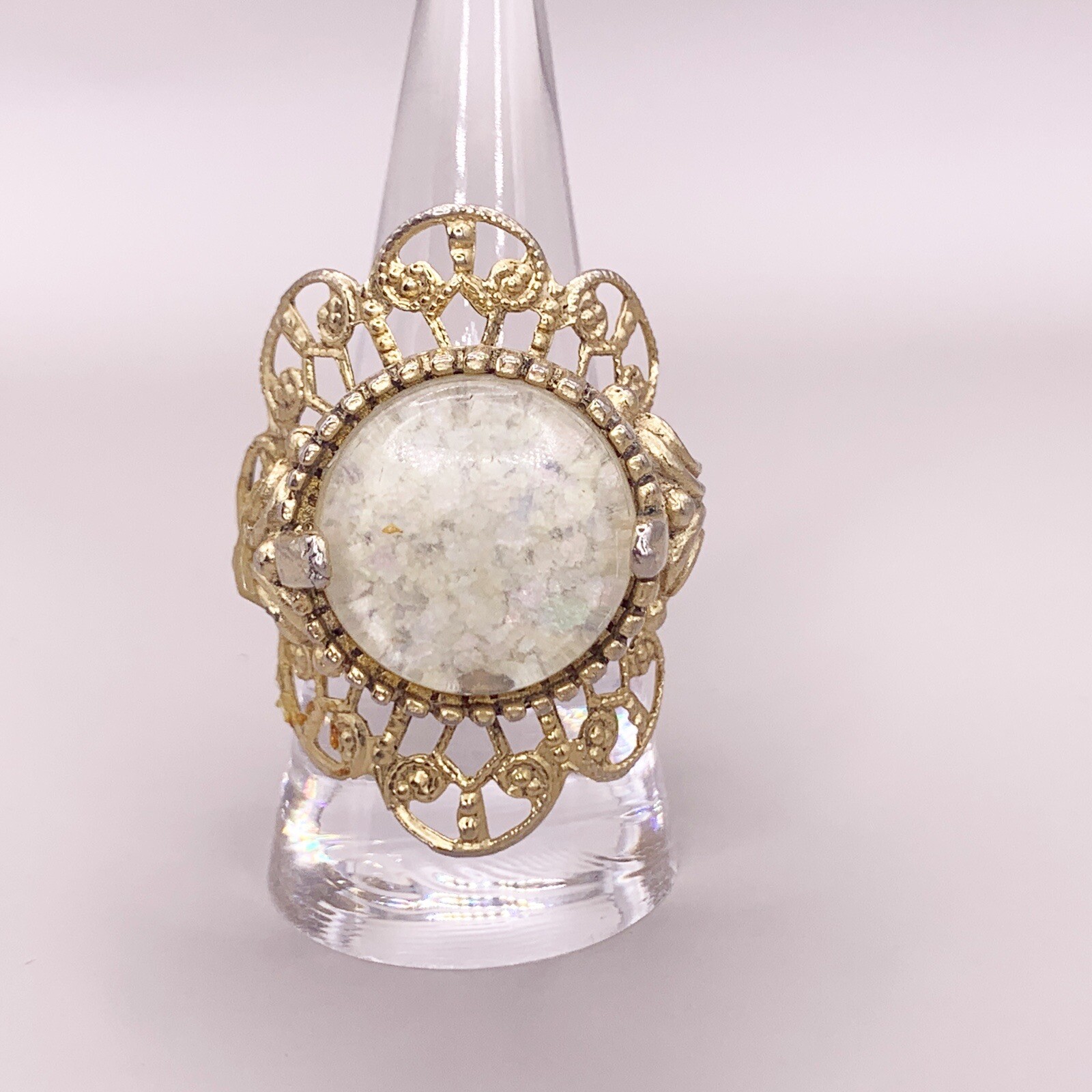 Vintage Cocktail Ring Costume Jewelry Off White Ivory Gold Color Tone Adjustable
