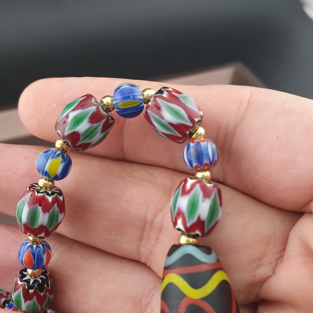 Vintage Venetian Style Multicolor Chevron Glass Beaded Necklace | 24in 8.7–39mm