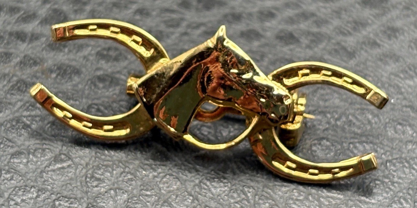 Vintage Equestrian Gold Tone Double Horseshoe Luck Horse Head Pin Brooch
