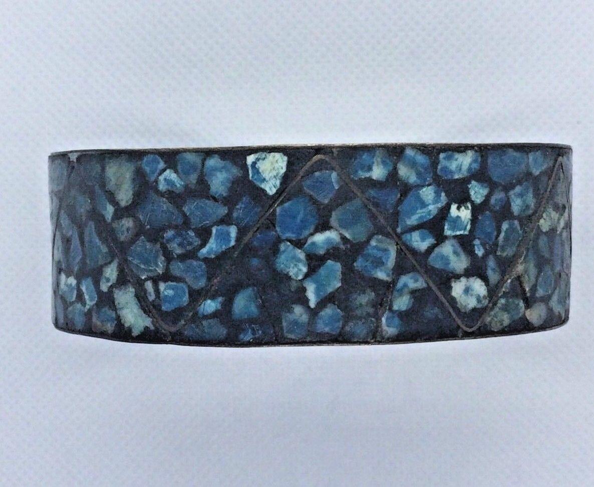 Vintage Brass Bracelet Made India Mosaic Polished Leather British Auction