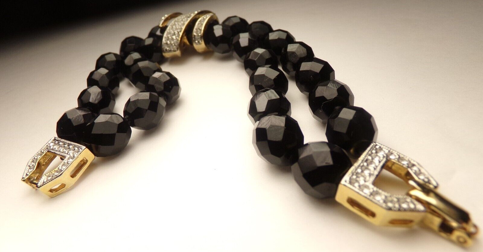 VTG VANITY LARGE CUT BLACK AUSTRIAN CRYSTAL HAND KNOT RHINESTONE BRACELET 7 5/8″