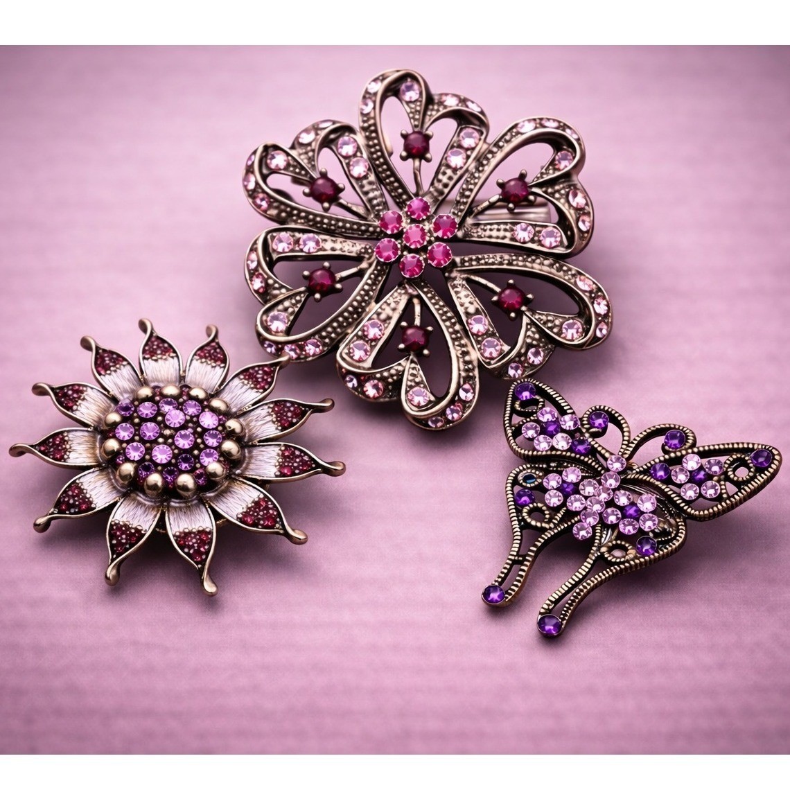 Rhinestone Floral Butterfly Brooch Pin Set 3pc Purple Pink Gunmetal Whimsigoth