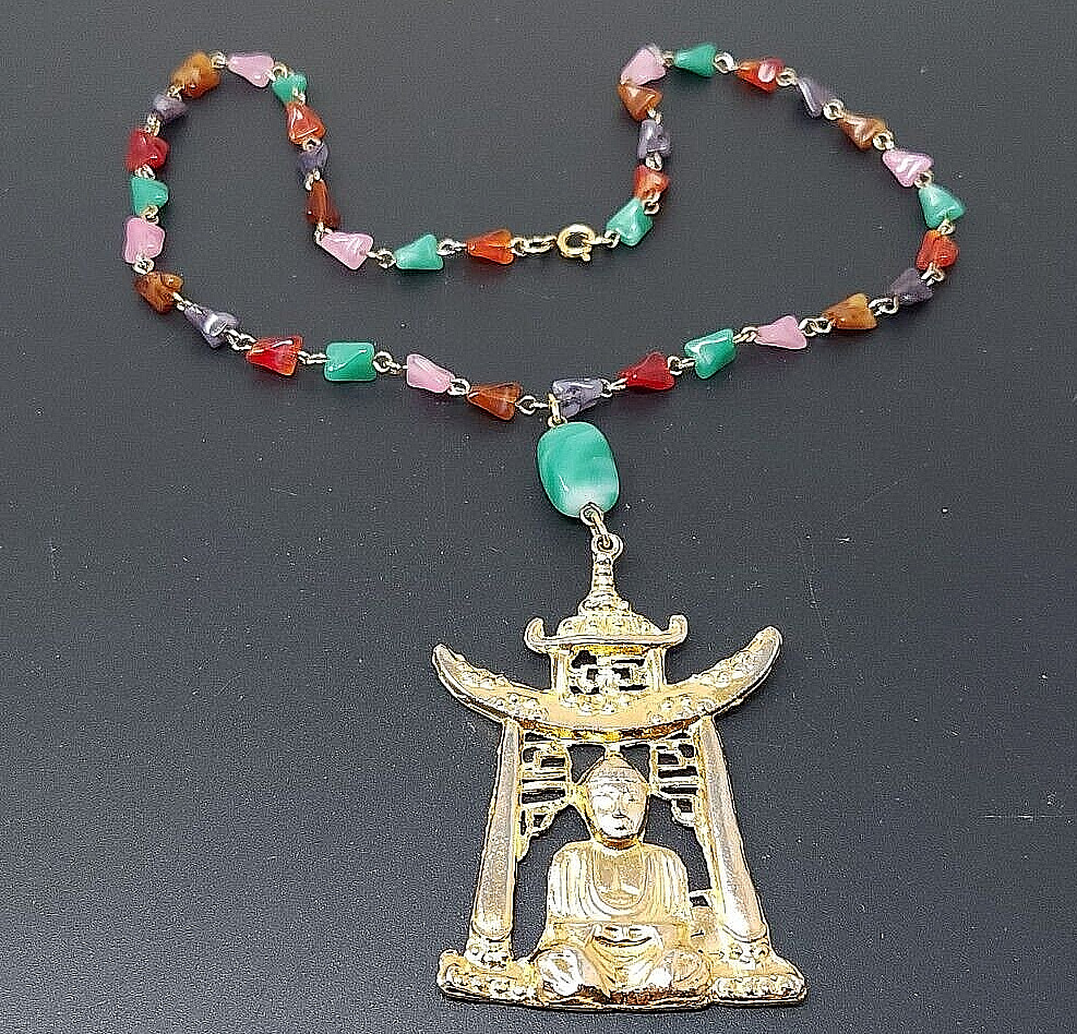 Vtg CZECH Bohemian Asian Buddha Pendant Multicolor Glass Goldtone Necklace 19″