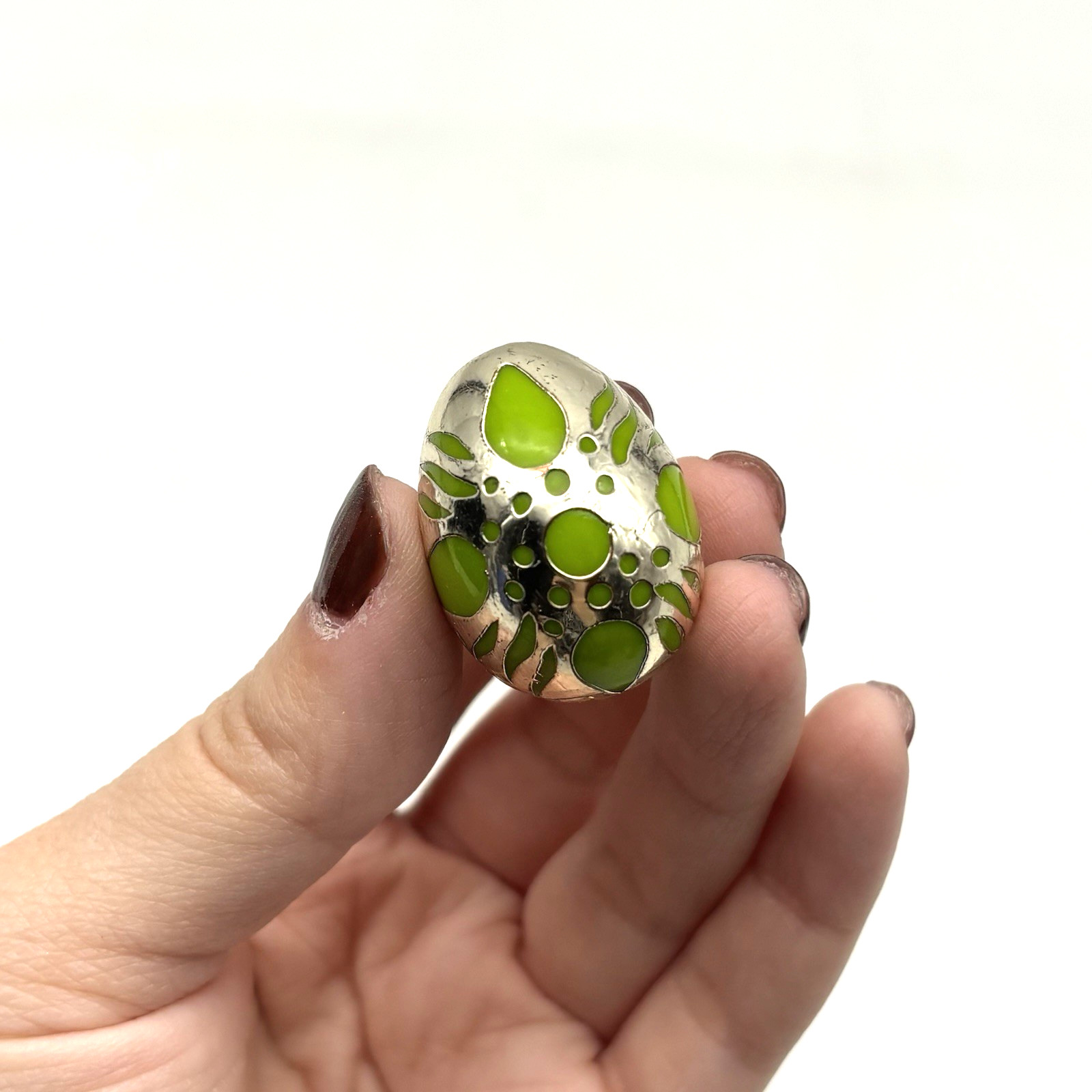 Vintage 60s 70s Silver-tone & Lime Green Enamel Brass Bubble Dome Ring Size 5.75