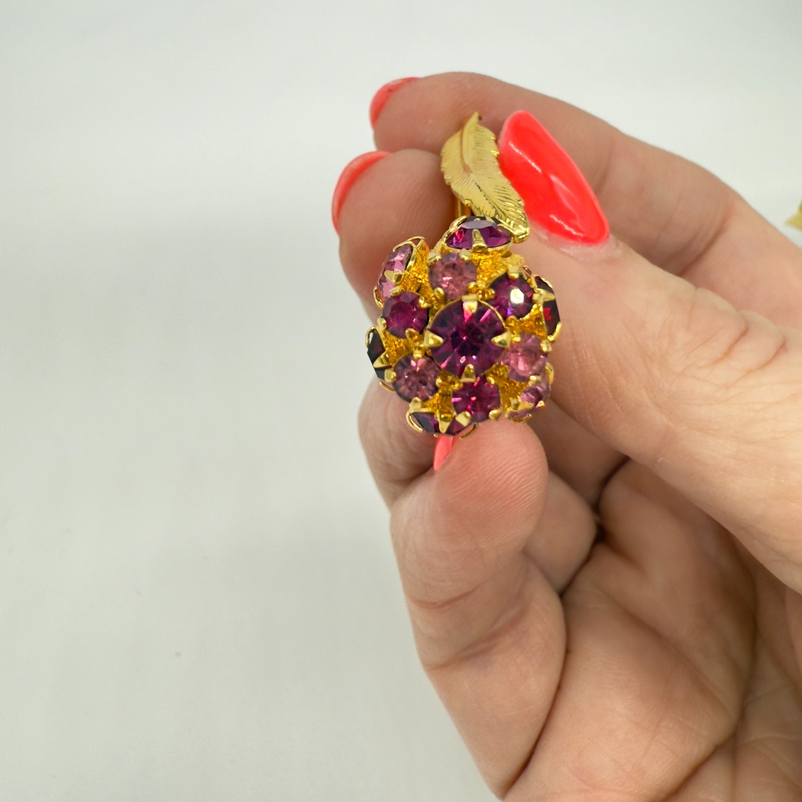 Vintage Flower Brooch and Earring Set Pink Red Rhinestones Gold Tone Clip Ons
