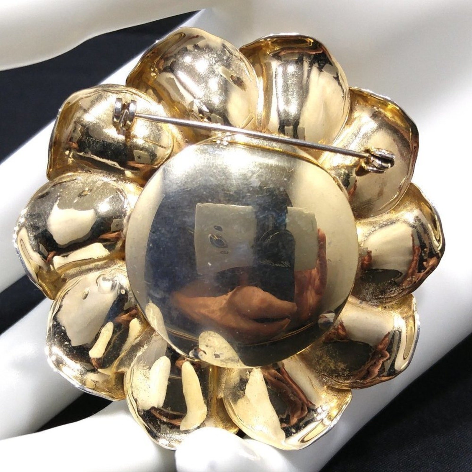 Vintage Flower Gold Plated Brooch, Faux Pearl Center, 1960s, 2 3/8 Inches