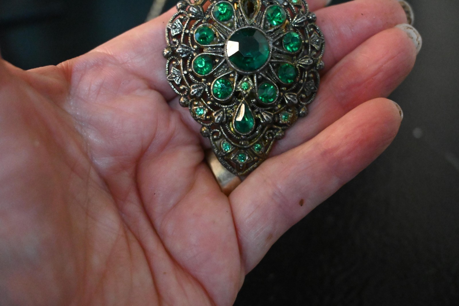 New England Glass Work vtg Brooch Pin Green Rhinestones Filigree Marked Read