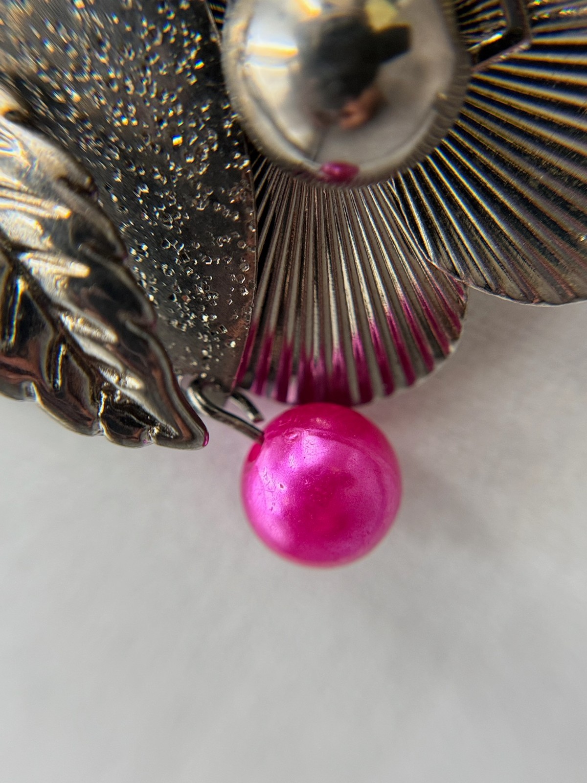 Vintage Gunmetal Tone Floral Flower Pink Bead Tassel Charms Drop Pendant
