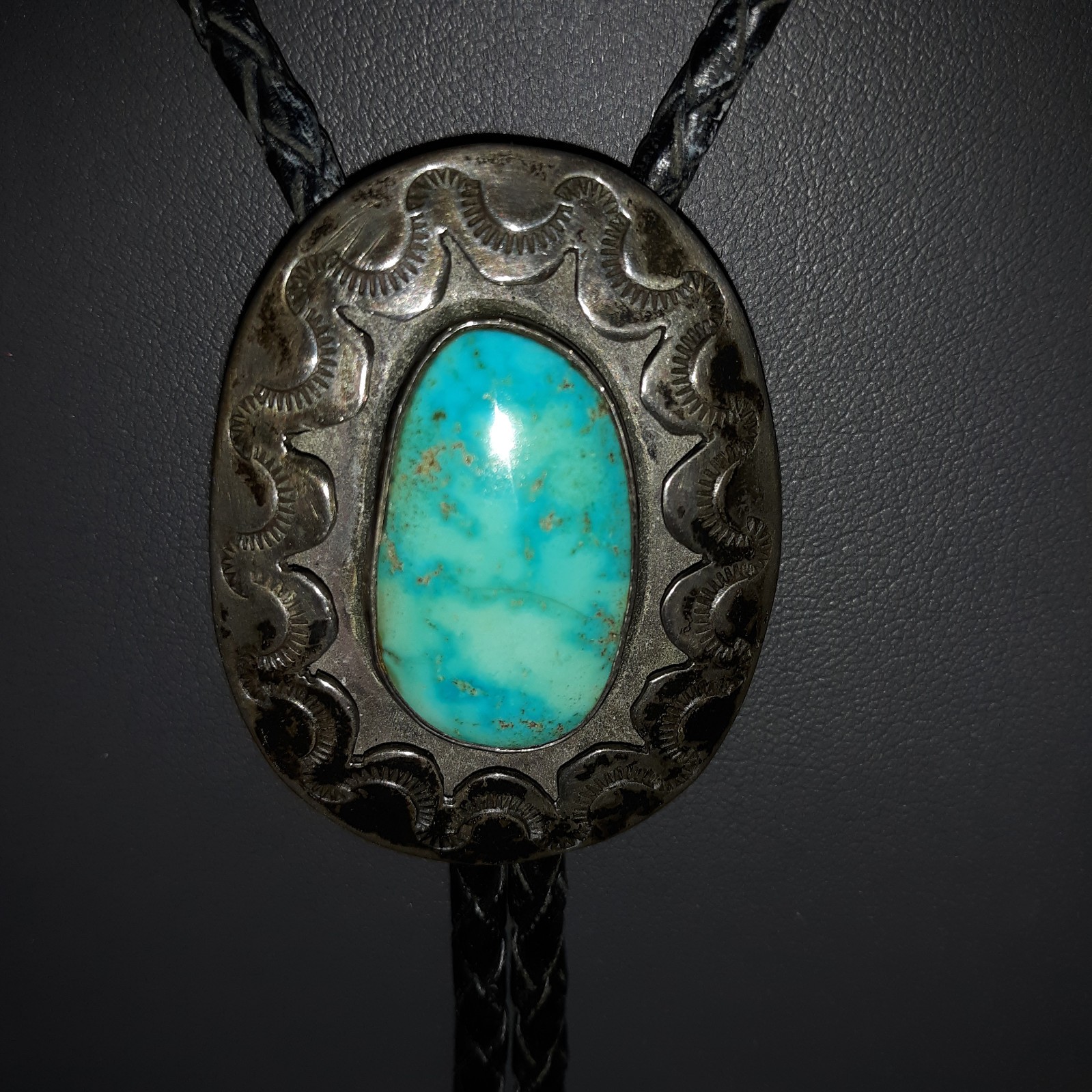 Vtg Bennett Pat Pend Bolo Tie Slide Turquoise Silver Black Leather Cord L 18″