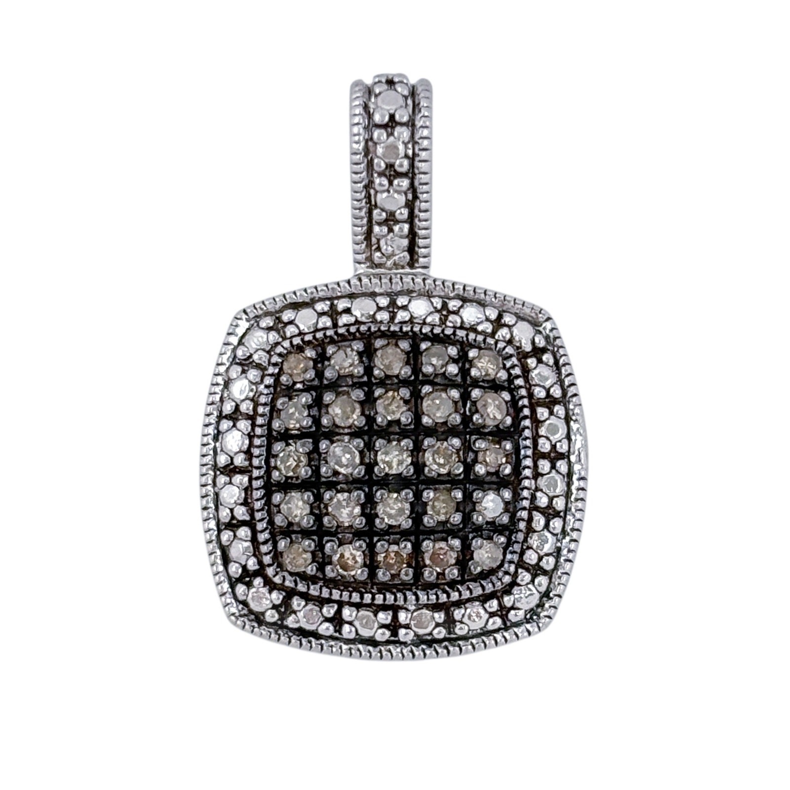 Sterling Silver 925 White Black Diamond Cushion Pendant