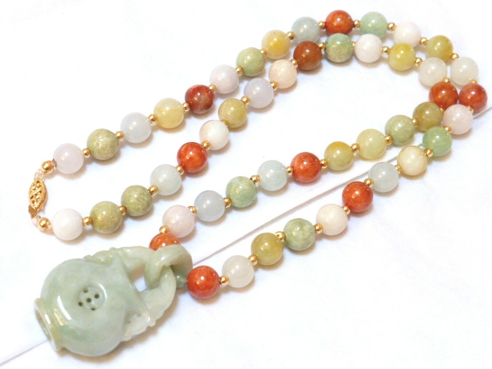 Vintage Chinese 14K GOLD Multi-Color Jade 9mm Beads Necklace Pendant, 22″