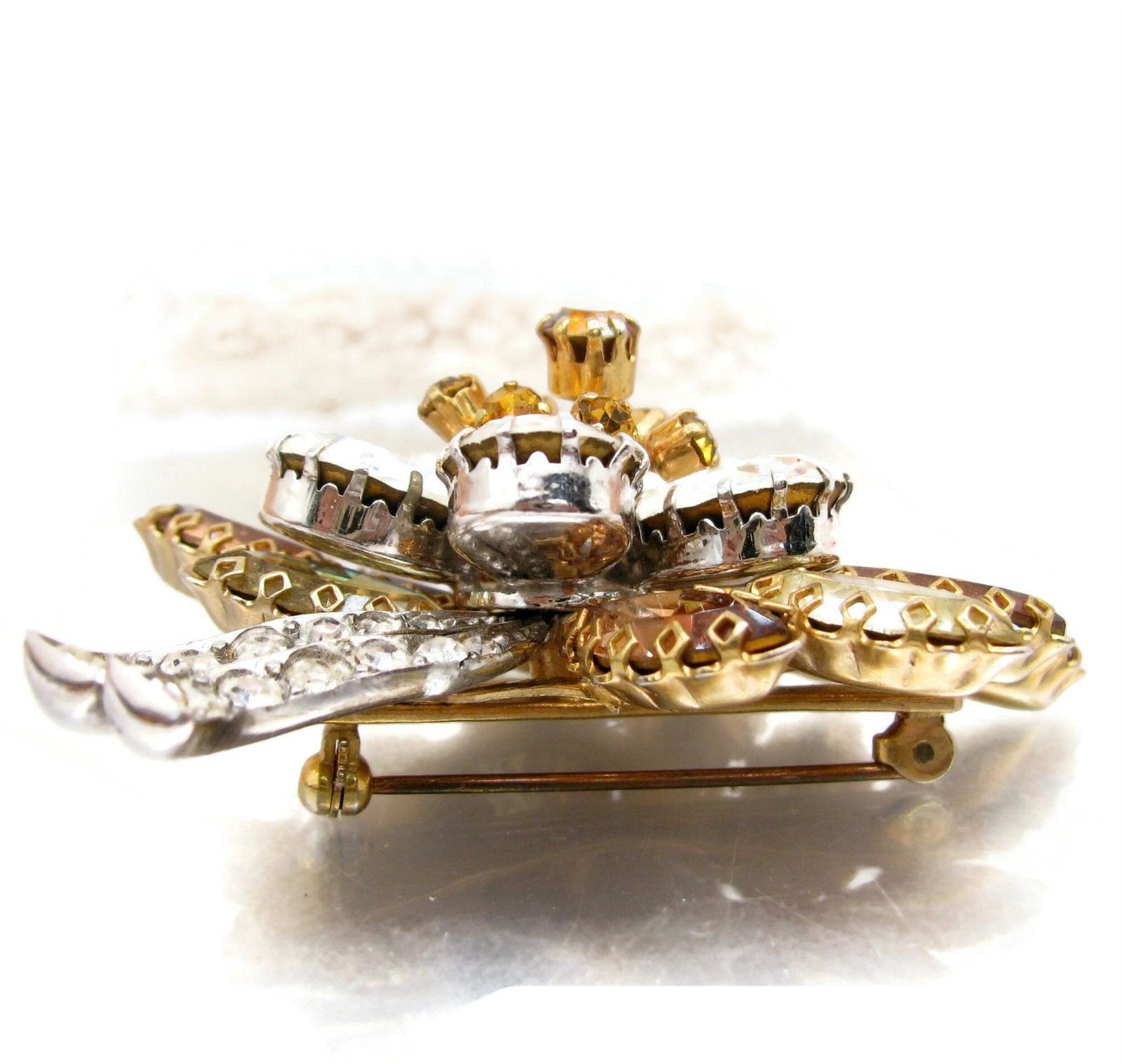 Amazing AUSTRIA Floral Rhinestone Pin Gold Silver Tone Austrian Brooch