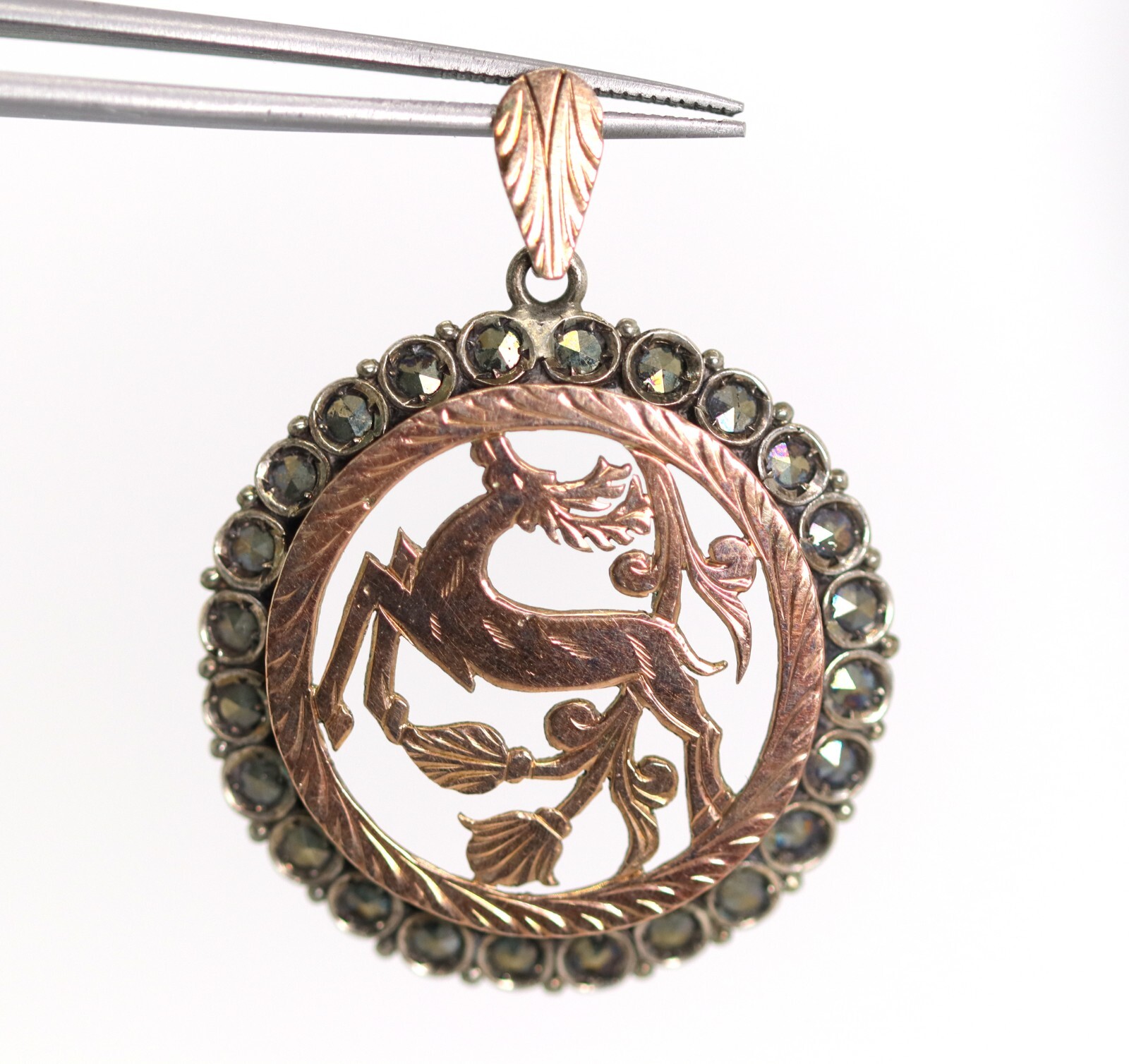 Vintage Silver Pendant Round Deer Roe Floral Plants + Marcasite, Ø: 3.1cm