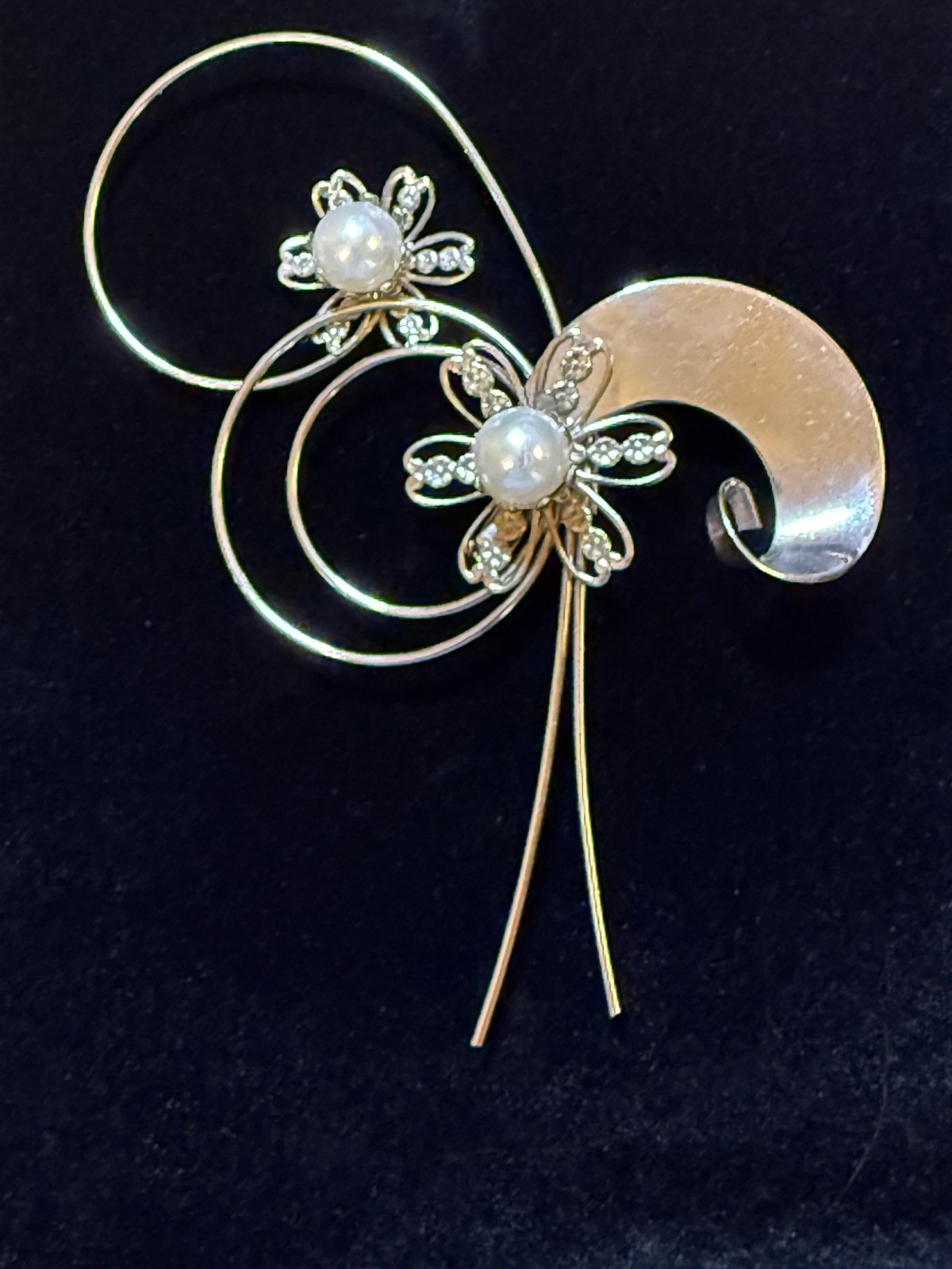 Vintage Abstract Modernist Brooch PinSilver Tone Faux Pearl LARGE Floral 1960s
