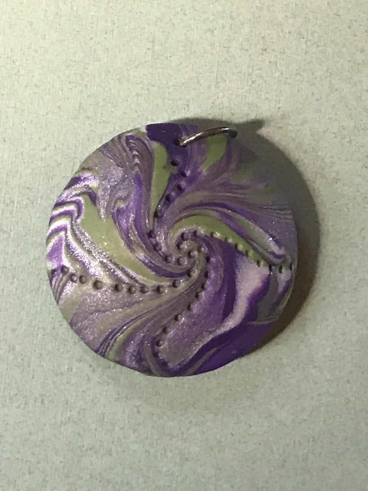 Handmade Swirly Purple White & Green Puffy Circle Polymer Clay Pendant – 1 and 3