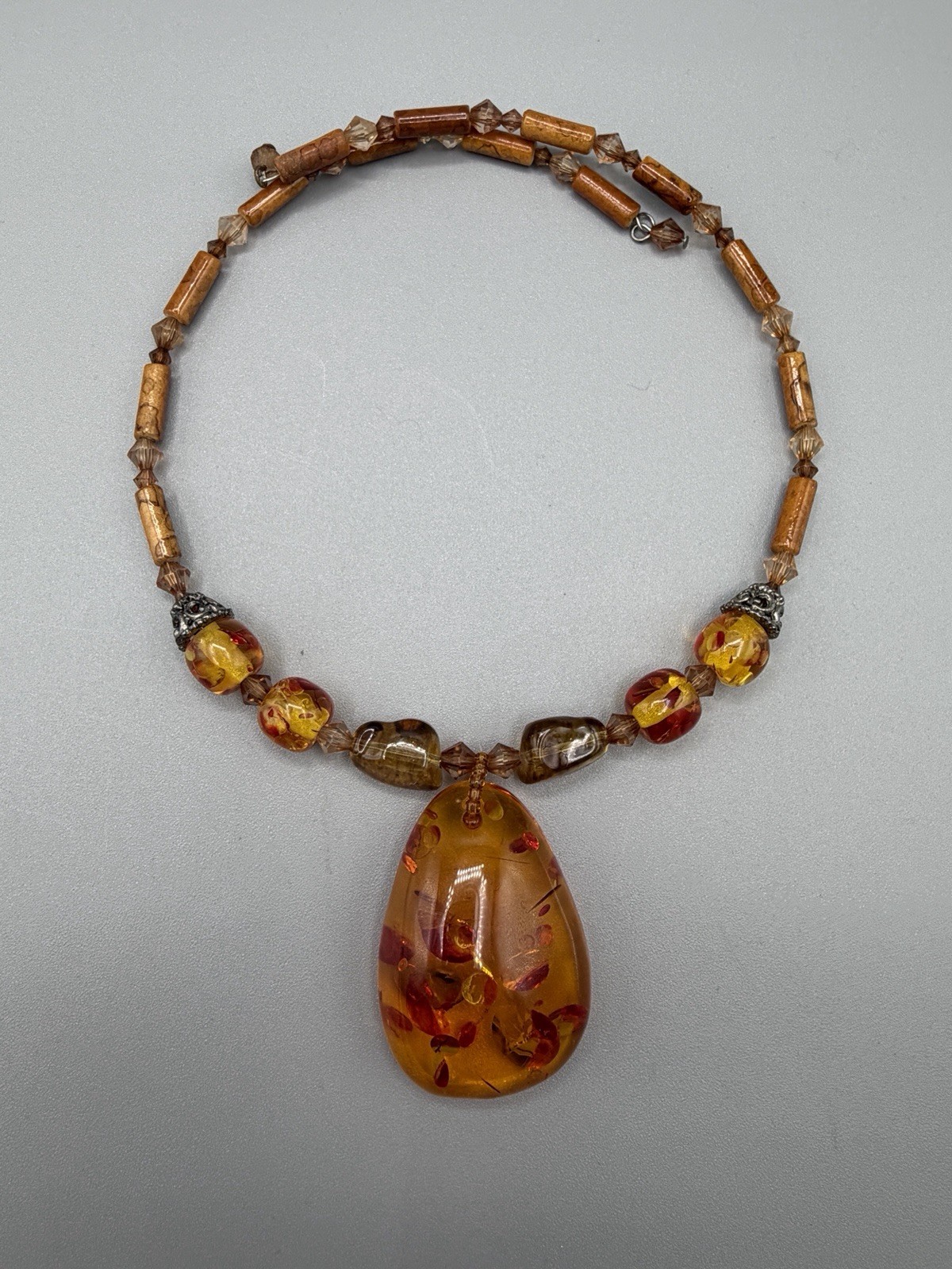 Vintage Amber Style Resin Pendant Necklace Beaded Statement Jewelry #999