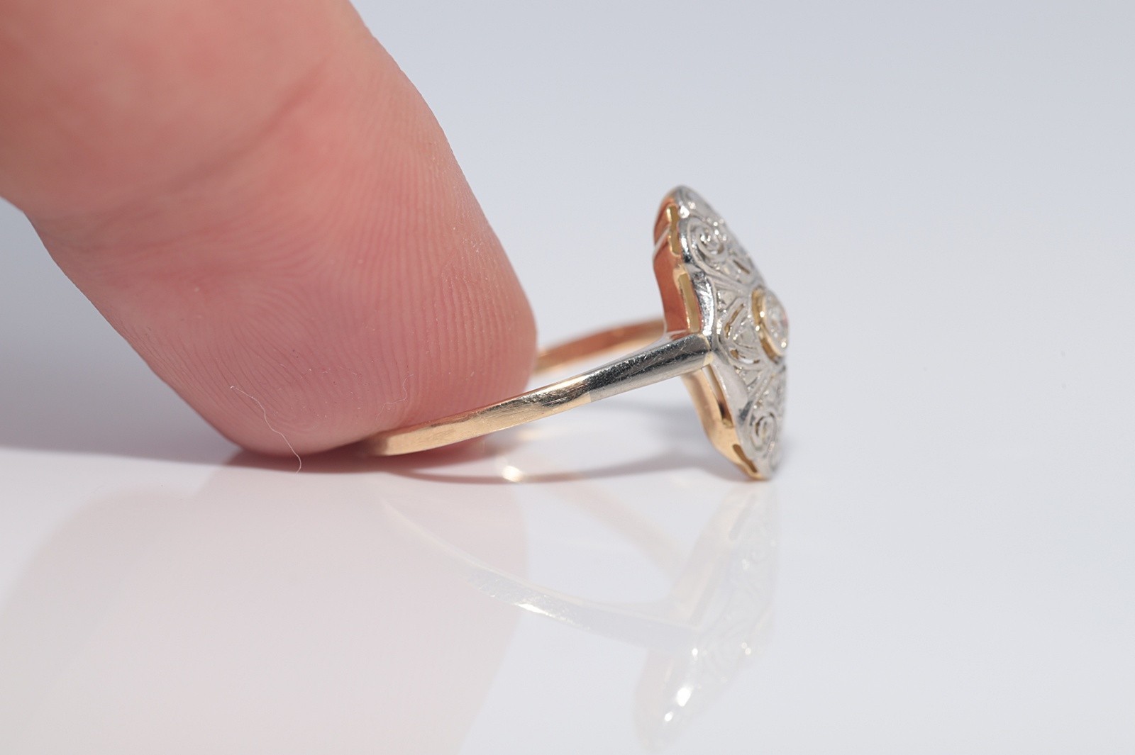 Antique Circa 1920s Art Deco 14k Gold Natural Diamond Decorated Navette Ring