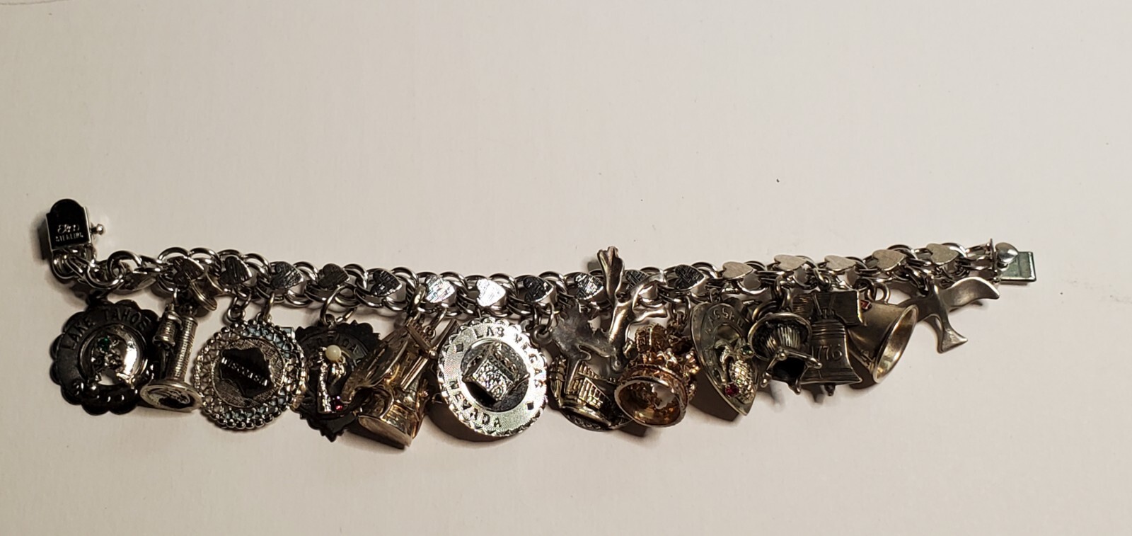 ELCO Sterling Silver 17 Charm Bracelet 64 grams – Bullhorn, Crown, Windmill