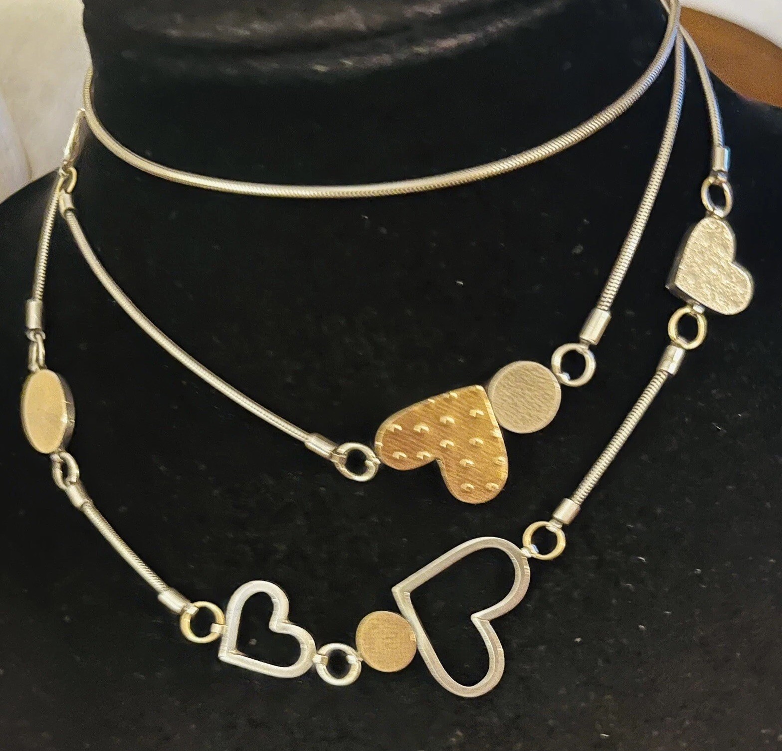 Vtg Estate Mid Century Modernist Textured Sterling Gold Hearts Station Necklace
