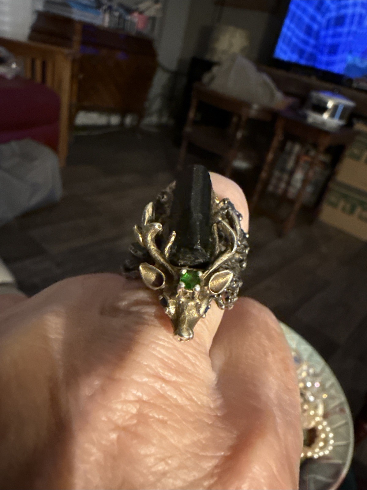 Vintage Reindeer Ring Sterling With A Black Beryl Stone And A Green Stone Size 8
