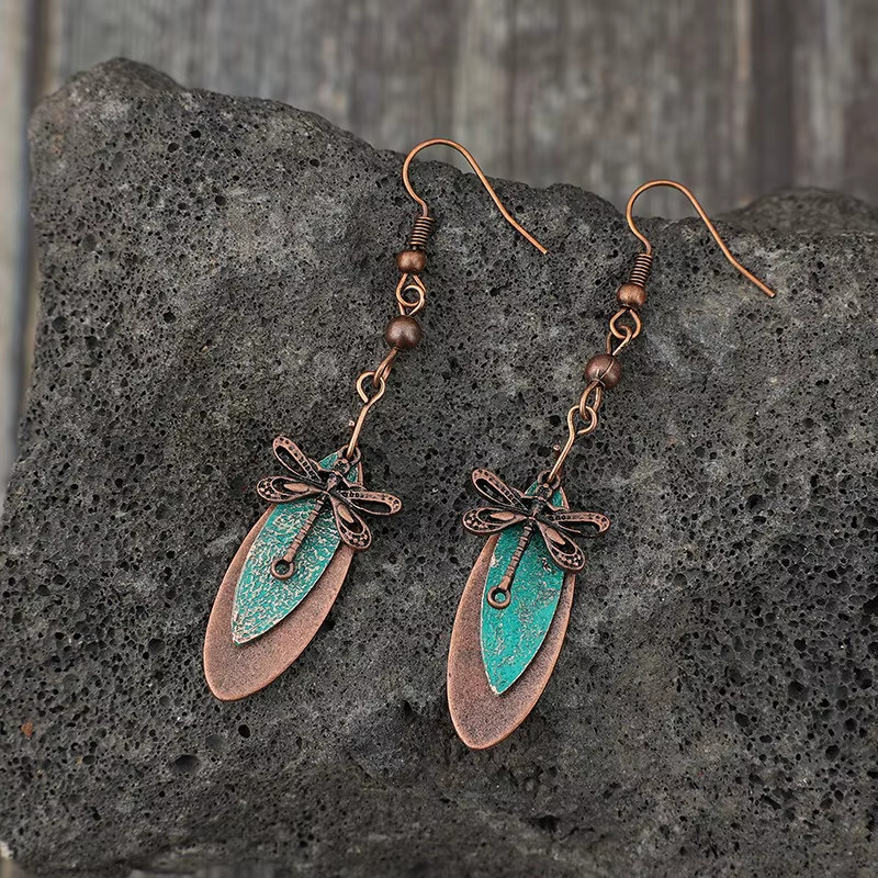 Vintage Dragonfly Earrings Boho Green Stone Dangle Antique Copper Carved Jewelry