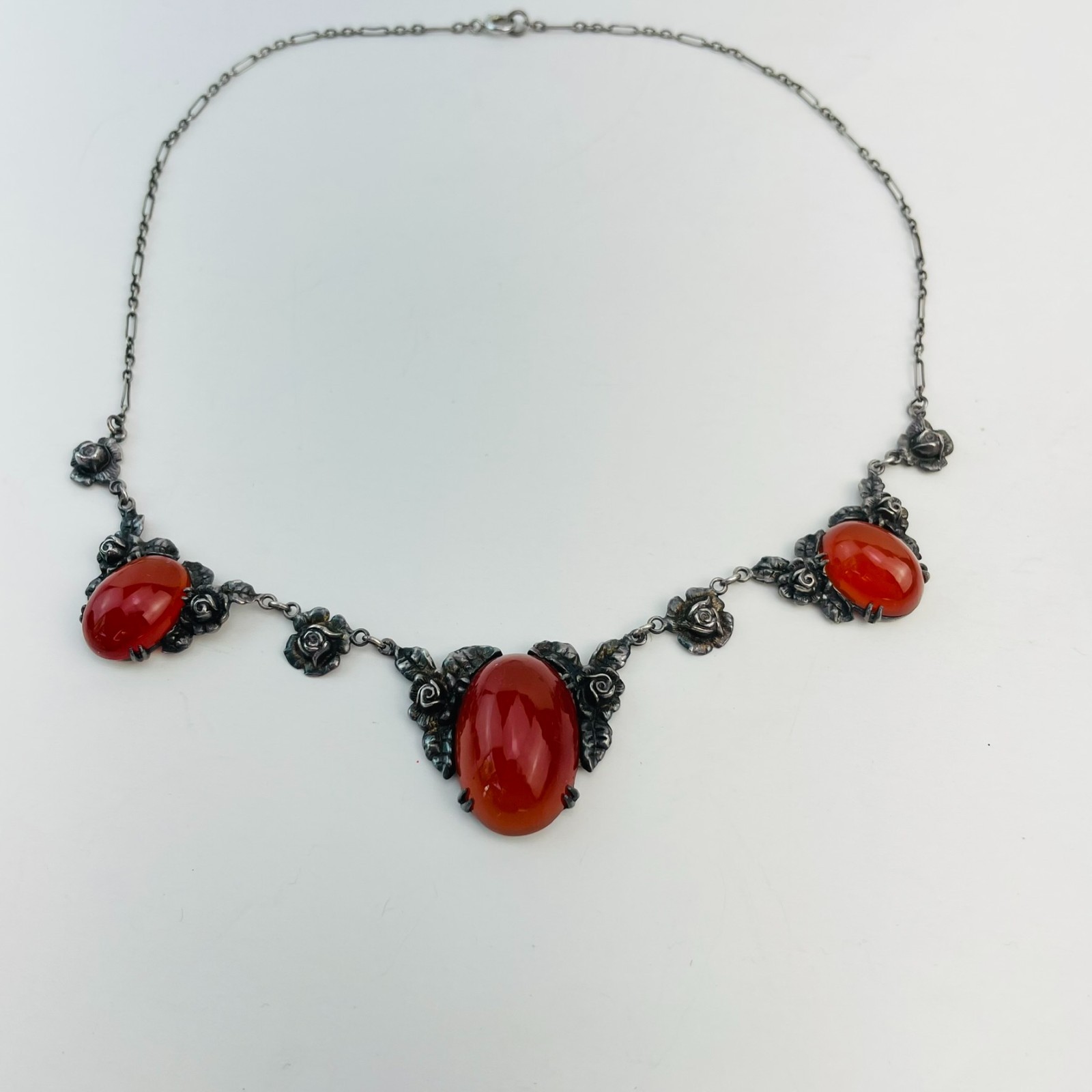 Art Deco Wachenheimer Sterling Silver Carnelian Festoon Choker Pendant Necklace