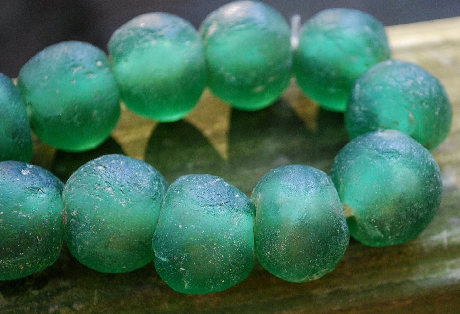 HUGE Recycled SEA GLASS STATEMENT NECKLACE Matte Green 23mm AFRICAN TRADE BEADS