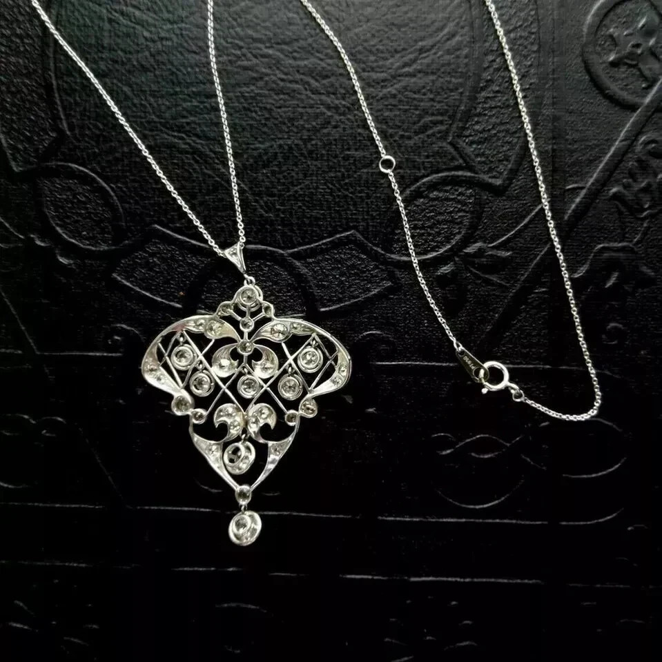 Art Deco Style Round Lab Created Diamond Wedding 14K White Gold Finish Pendant