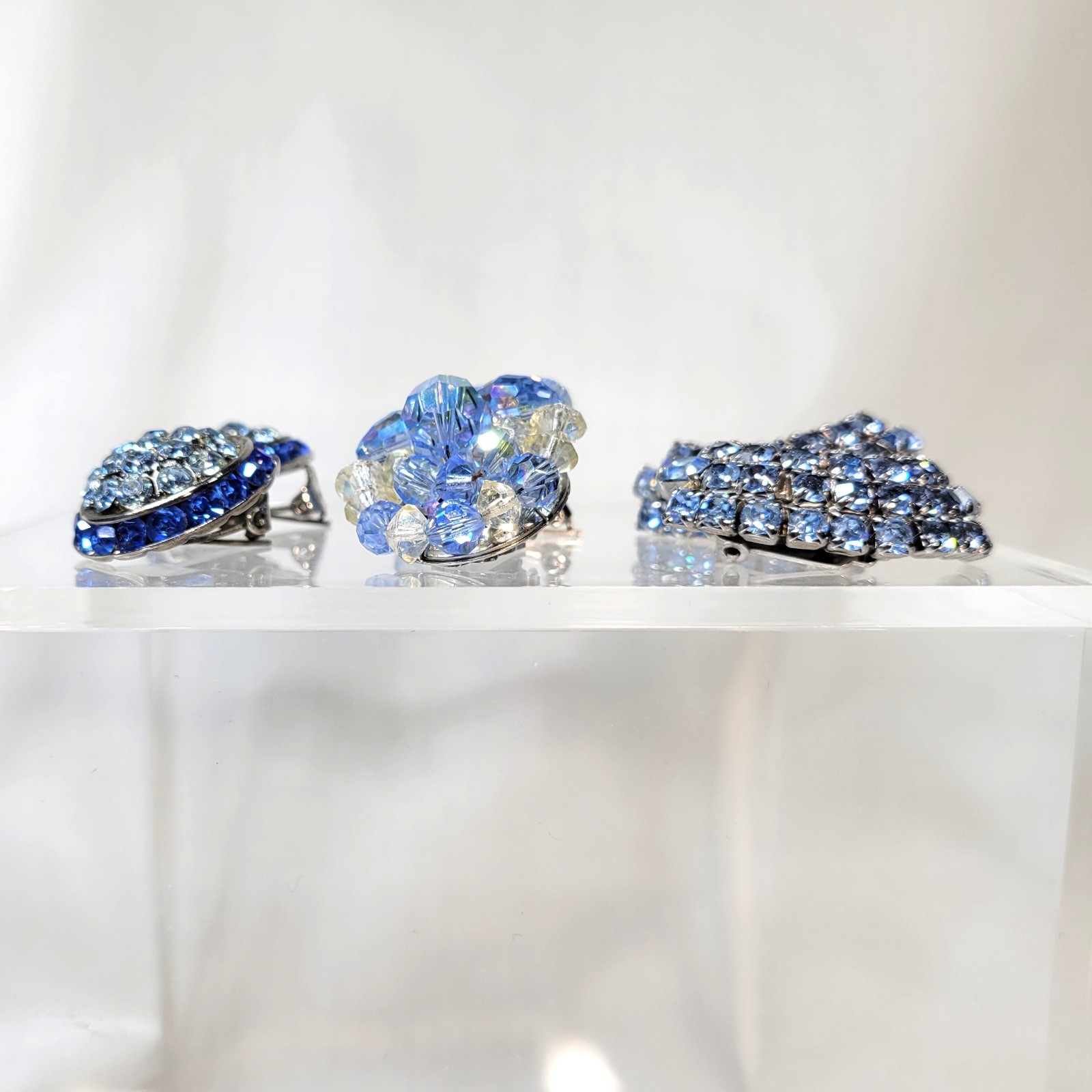 Vtg Clip On Earrings Lot 3 Pair Rhinestone Bead Blue Mid Century Heirloom Retro