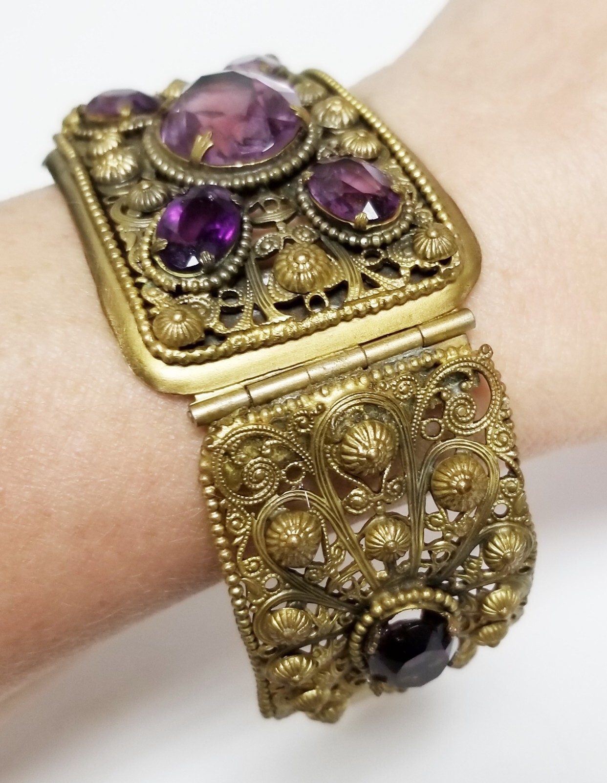 Georgian Style Czech Open Back Amethyst Cannetille Wire Work Panel Bracelet