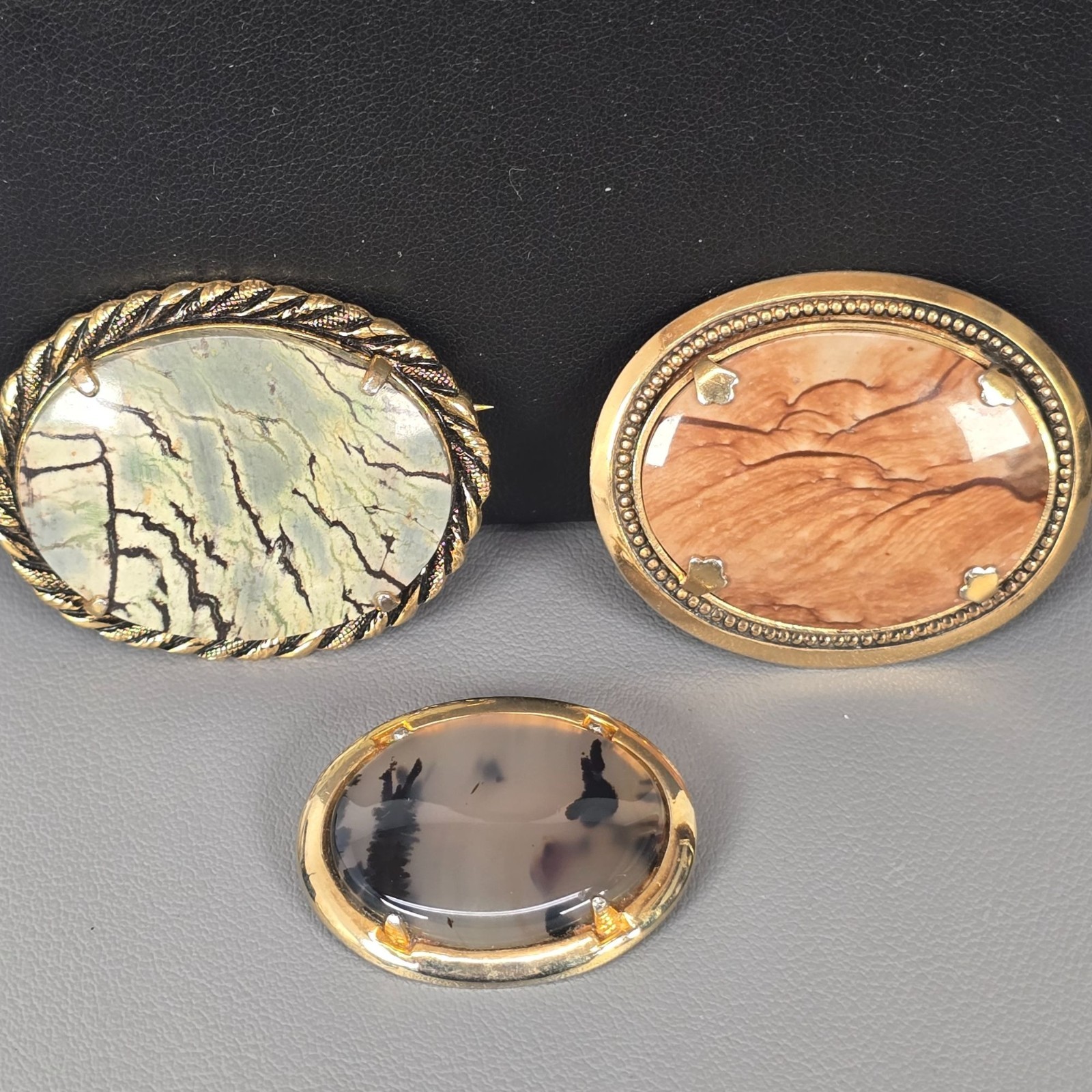 3 Vintage Gold-Tone Picture Agate Jasper Brooch Pins W/ Textured Bezel Setting